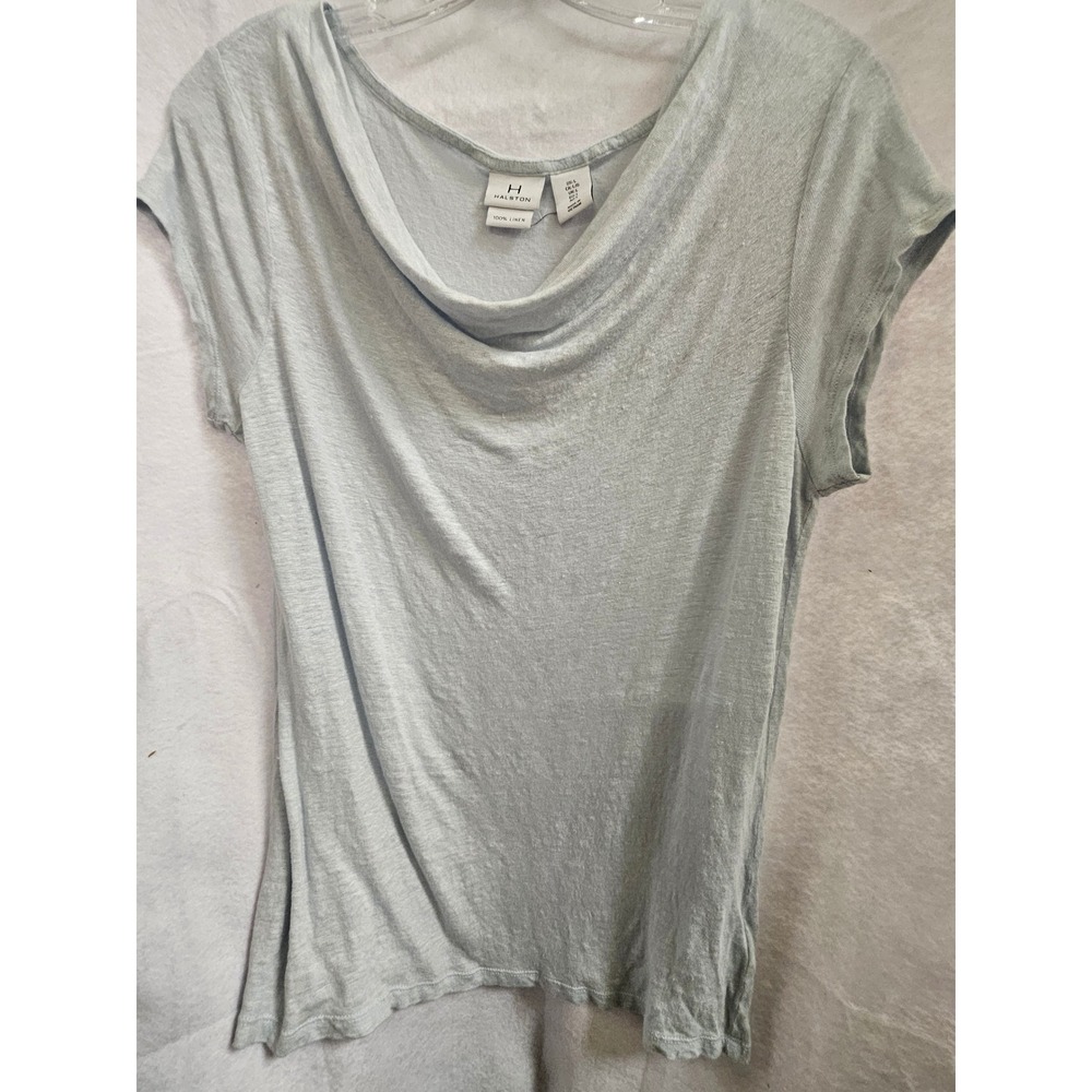 H Halston Women Light Blue 100% Linen Cowl Neck Short Sleeve Tee Shirt Large